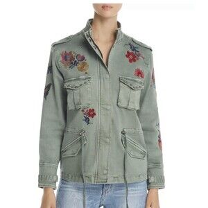 Billy T Women’s Plus 3X Floral Green Denim Embroidered Studded Military Jacket